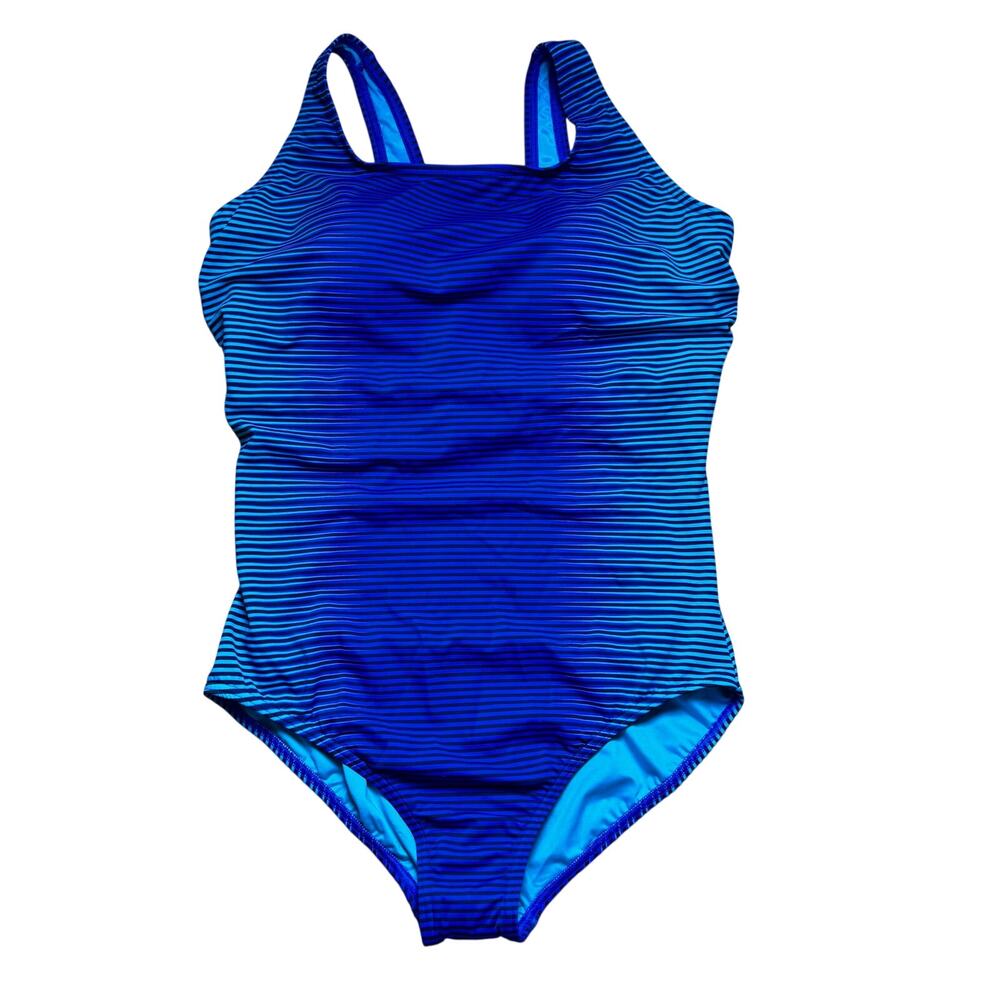 NWT Lands’ End 18W One Piece Swimsuit Blue Stripe Plus Size Tummy Control